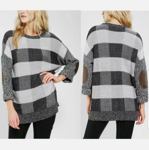 BDG gray buffalo plaid elbow patch long sleeve sweater tunic - Picture 2 of 11